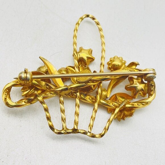 Vintage DCE Flower Basket Brooch 1/20 14k GF Rhinestones Seed Pearls READ - Picture 5 of 8